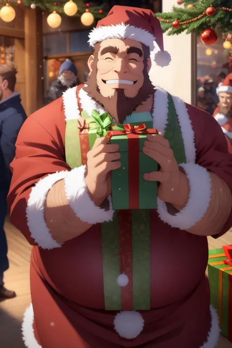 <lora:umiyan_lora4:0.8> 1man, multiple others, crowded, gift box, (santa costume, santa hat, santa dress, long beard, white beard:1.3), (blush, smile:1.1), wink, one eye closed, winter market, body hair, BREAK best quality, smile, (muscular:0.8), (fat:1), middle-aged man, bara, masterpiece, brown hair, arm hair, green eyes, sideburns, thick eyebrows <lora:detail_slider_v4:2> <lora:make25d_type2_v100:0.3>