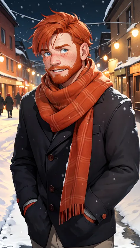 ASCIIMasterpiece, hd, professional photograph, highly detailed, high quality, solo focus, male focus, handsome man (forties, blushing, flirty, short ginger hair, stubbles, freckles), winter streets, snow, warm clothes, long scarf