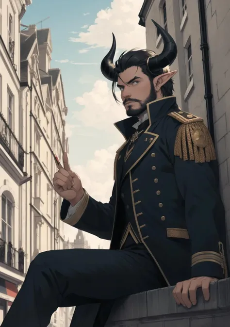 best quality, masterpiece, 1boy, black demon, horns, stubble, pointy ears, London 1800's asthetic, city,