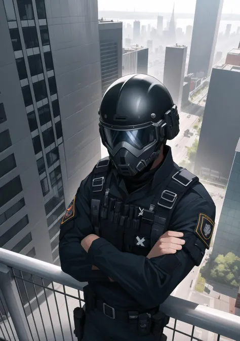 best quality, masterpiece, 1boy, black tactical uniform, tactical helmet with visor and mask, hidden face and eyes:1.5, black clothes, tactical gear, perspective, wide shot, leaning on railing of skyscrapper, big city, fishlense, high angle, crossed arms, badass