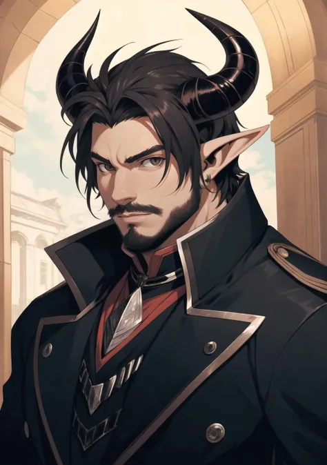 best quality, masterpiece, 1boy, black demon, horns, stubble, pointy ears, Longdon 1800's asthetic