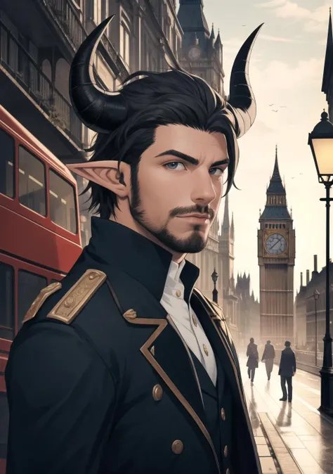 best quality, masterpiece, 1boy, black demon, horns, stubble, pointy ears, London 1800's asthetic, city,