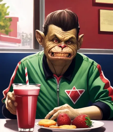 a professional realistic detail of masterpiece of a teenage smiling CHV3COrc orc [:With 2 big symmetrical canines:.35] wearing a varsity football jacket sitting at a diner with a strawberry milkshake, orc themed, <lyco:Orc_reg_128:1.20>