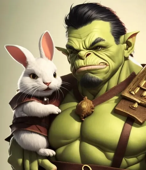 the cartoon CHV3COrc orc character is holding a cute bunny by the neck, orcish, professional, masterpiece, orc theme, <lyco:Orc_reg_128:1.3>