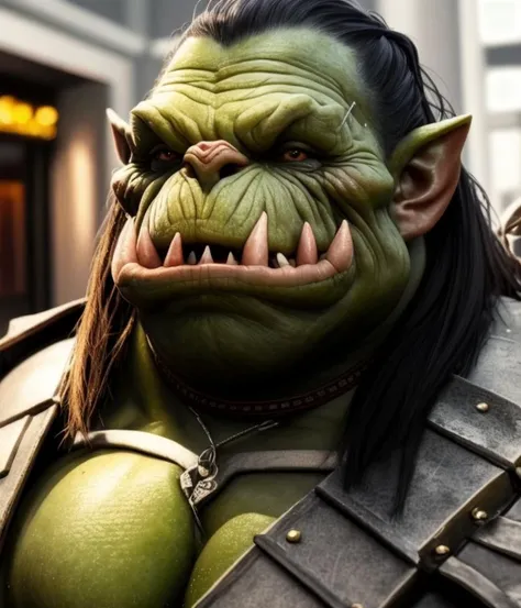 a professional realistic detail of masterpiece of an orc with sharp thick lower canines wearing heavy armor while posing in front of hot topic at the mall, CHV3COrc, orc themed, <lyco:Orc_reg_128:1.0>