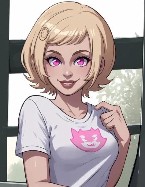 best quality, afterglow, 4k, ((masterpiece)), extremely detailed, 8k, trending on ArtStation, Intricate, High Detail, Sharp focus, roxlal <lora:roxlal:0.9>, 1girl, short hair, solo, smile, lips, blonde hair, pink eyes, shirt, white shirt, t-shirt
