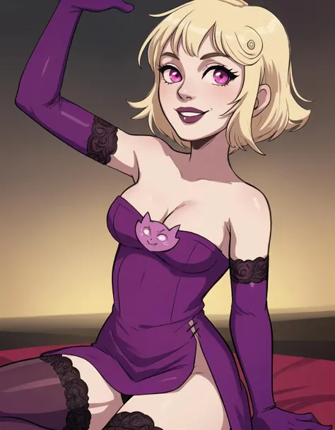 best quality, afterglow, 4k, ((masterpiece)), extremely detailed, 8k, trending on ArtStation, Intricate, High Detail, Sharp focus, roxlal <lora:roxlal:0.9>, 1girl, short hair, solo, smile, parted lips, blonde hair, pink eyes, dress, purple dress, legwear, arm gloves, bare shoulders