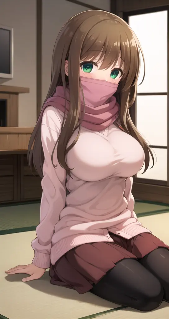 (beautiful detailed face:1.0), (detailed deep eyes),best quality, 1girl, style,girl,solo,(black_mask:1.6),solo,green eyes,green pupils,hair,(brown_hair:1.43),(very_long_hair:1.05), crossed bangs,(pink_scarf:1.05),(scarf_over_mouth:1.05),(floating_scarf:1.05),(pink_sweater:1.25),(red_skirt:1.2), (black_pantyhose:1.1),adorable,(large breasts),blush,cold,shivering,in Kotatsu, mandarin orange, Japanese-style room, living room sitting, pov, <lora:yuu:0.8>