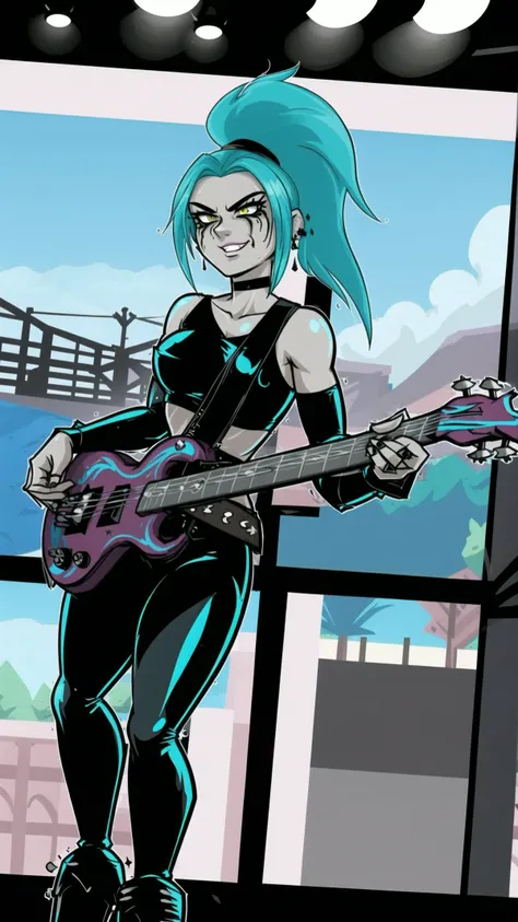<lora:Ember_McLain_Danny_Phantom_Anime:0.8> Ember McLain Danny Phantom, pony tail, aqua hair, smug, goth, big belt, aqua skin, (corneo_runny_makeup goth makeup), BREAK, (playing instrument, guitar:1.25), masterpiece, best quality, extremely detailed, highly quality, 4k, sharp focus, professional, sharp focus, award winning, cinematic lighting, octane render, unreal engine, volumetrics dtx, Wallpaper,