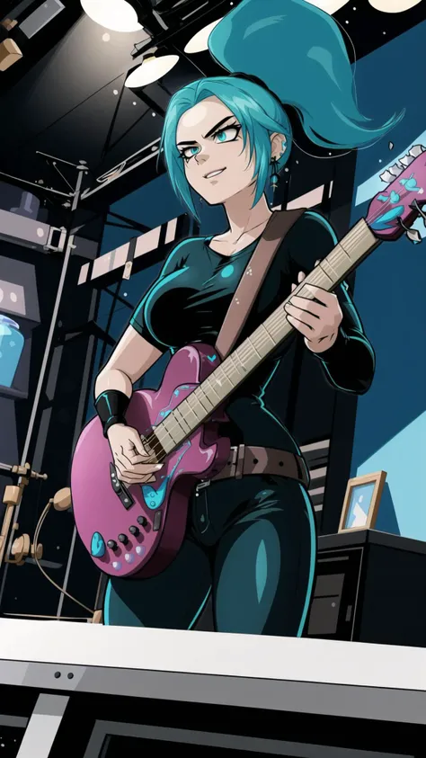 <lora:Ember_McLain_Danny_Phantom_Anime:0.8> Ember McLain Danny Phantom, pony tail, aqua hair, smug, goth, big belt, aqua skin, BREAK, (playing instrument, guitar:1.25), masterpiece, best quality, extremely detailed, highly quality, 4k, sharp focus, professional, sharp focus, award winning, cinematic lighting, octane render, unreal engine, volumetrics dtx, Wallpaper,