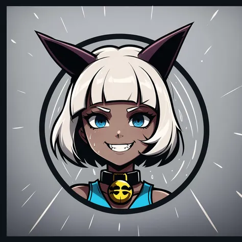 <lora:MsFortune skullgirls:1>, sgmsfortune, dark skin, dark-skinned female, collar, bell, bob cut, dark blue eyes, white hair, tail, cat ears, outdoors, cyberpunk, futuristic, looking at viewer, facing viewer, detailed face, rain, neon lights, (round logo:1.0), <lora:RoundLogo_v1_CT_E8R64:1>, soft lighting, night market, grin