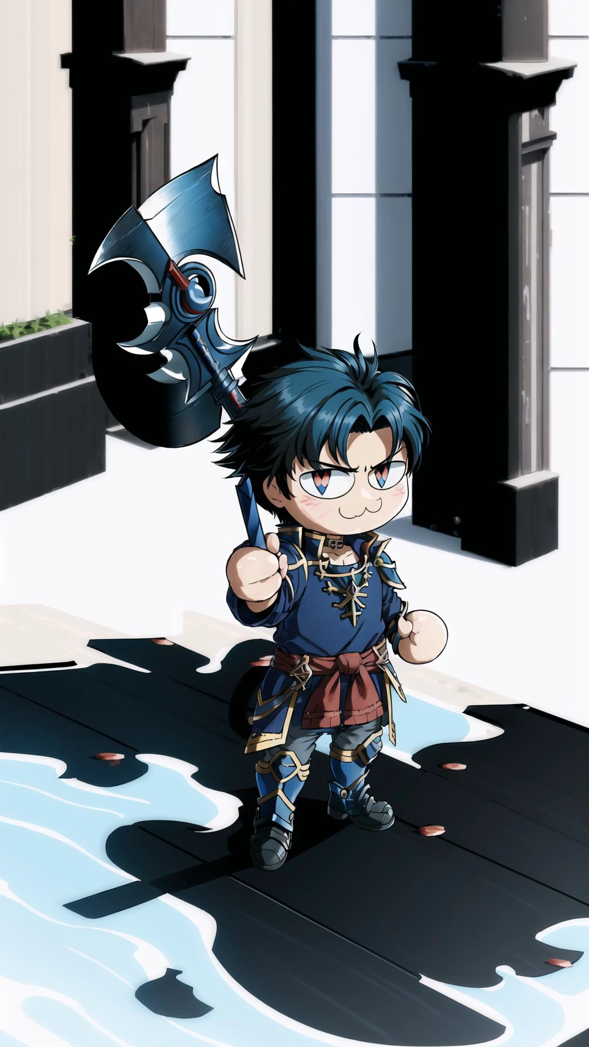 <lora:Neco-Arc:0.8> (neco-arc, necopose:1.25), full body, :3, cat ears, (chibi:1.25), cat, cat tail, solo, slit pupils, BREAK, <lora:Hector_FE:0.6> hector fe, 1boy, blue black hair, armads \(fire emblem\), holding axe, armor, masterpiece, best quality, extremely detailed, highly quality, 4k, sharp focus, professional, sharp focus, award winning, cinematic lighting, octane render, unreal engine, volumetrics dtx, Wallpaper,
