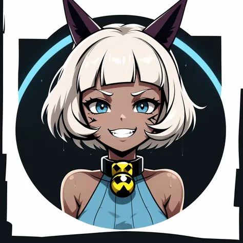 <lora:MsFortune skullgirls:1>, sgmsfortune, dark skin, dark-skinned female, collar, bell, bob cut, dark blue eyes, white hair, tail, cat ears, outdoors, cyberpunk, futuristic, looking at viewer, facing viewer, detailed face, rain, neon lights, (round logo:1.0), <lora:RoundLogo_v1_CT_E8R64:1>, soft lighting, portrait, night market, grin