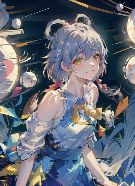 Dynamic angle,masterpiece, best quality,solo,1girl,luotianyi,smile, jewelry, ribbon, earrings, rose, twintails, bangs, collarbone, dress, portrait, green eyes,grey hair, hair between eyes, upper body, looking at viewer, closed mouth, <lora:VsingerTianyi_tianyi:1>, glowing eyes,moon,(moonlight), starry sky, lighting particle, fog, snow,