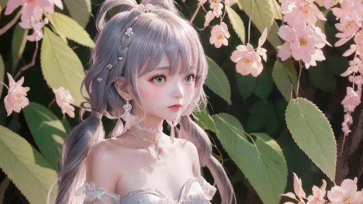 {an extremely delicate and beautiful girl}, 8k wallpaper, {{{masterpiece}}},luotianyi,jewelry, ribbon, earrings, rose, twintails, bangs, collarbone, dress, portrait, green eyes,grey hair, hair between eyes