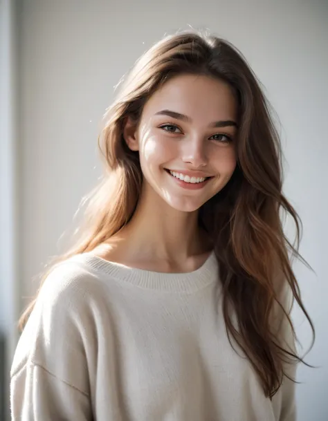 award winning photo, delicate, beautiful, sexy, portrait, long hair, cute smile, cinematic, 19 year old woman, baggy sweater, baggy sweatpants, smiling, (cleavage:0.9), (thin waist:1.2), natural contour aesthetics, looking in camera, sharp focus on subject, front view, natural lighting, perfect shadows, white wall in background. An award-winning photo captures a 19-year-old woman with delicate features and beautiful, sexy contours, donning a baggy sweater and sweatpants; she has a delightful smile while looking directly into the camera, revealing her cute dimples, perfect thin waist, and subtle cleavage; her long hair flows elegantly as natural lighting illuminates her flawless skin, creating gorgeous shadows in front of a pure white wall; this captivating portrait embodies cinematic, delicate aesthetics with sharp focus on the subject, showcasing natural contour lines and effortlessly capturing the beauty of a moment. jazminetan <lora:qljwps18e0631c505i539:1>
