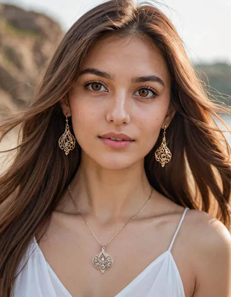 a woman posing for a photo shoot. Capturing the moment, she confidently stood solo, her long brown hair flowing effortlessly with each slight breeze, as her mesmerizing brown eyes gazed directly into the lens, accentuating her natural beauty; wearing a delicate pendant necklace and graceful earrings that elegantly complemented her feminine charm. jazminetan <lora:tgnmnz18e06363cfcx548:1>