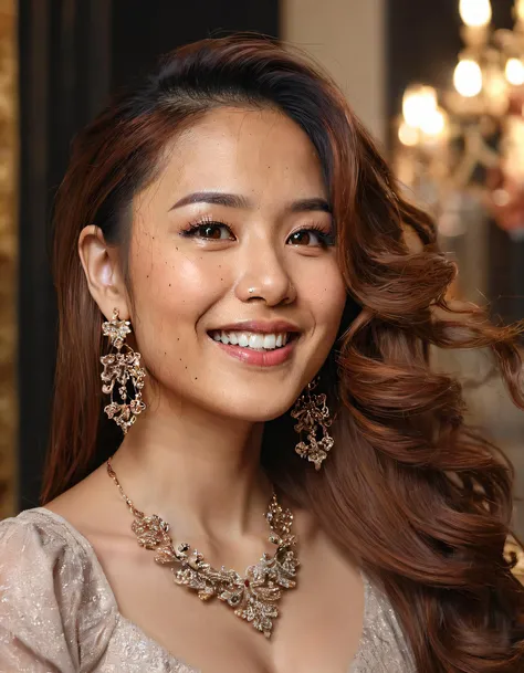 a woman posing for a photo shoot. In the enchanting scene, a beautiful woman with cascading brown locks named Jazmine Tan, donning exquisite earrings and adorning her neck with an elegant piece of jewelry, flaunts her mesmerizing long hair as she playfully looks at the viewer with a charming smile while striking a pose during an enthralling photo shoot that captures the essence of her beauty. jazminetan <lora:qsmyzv18e06972041q630:1>
