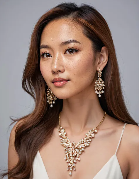 a woman posing for a photo shoot. Capturing the essence of this empowered woman with her luminous skin and striking presence, Jasmine Tan effortlessly poses for a solo photo shoot, showcasing her long, brown locks that cascade gracefully down her back as she gazes intently at the viewer; her warm brown eyes radiating confidence beneath a dazzling pair of earrings while a statement necklace adorns her elegant neck, perfectly accentuating this mesmerizing moment. jazminetan <lora:tgnmnz18e06363cfcx548:1>