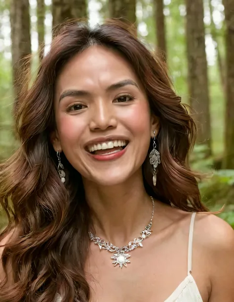 Alone in the enchanting forest, the bohemian woman with sun-kissed skin and long wavy brown hair, her soulful gaze revealing black eyes, wears a carefree grin with parted lips, gleaming white teeth, and accessorizes elegantly with dainty earrings and a statement necklace as she captures the essence of being one with nature's mystical essence in a stunning solo photograph. jazminetan <lora:iskzzl18f898efb6egb69:1>