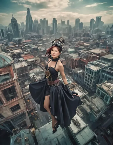 In this bewitching scene, a captivating jazmine tan dressed as the mysterious woman, floats elegantly through a fantastical steampunk and modern fashion-infused futuristic cityscape, her poised pose captured from an aerial birds-eye view camera angle, emanating wonder and intrigue that transcends space and time. jazminetan <lora:iskzzl18f898efb6egb69:1>