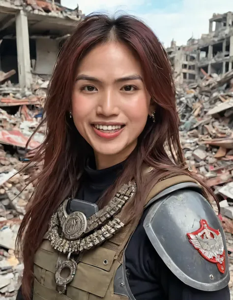 Amidst the ruins of a dystopian cityscape, Jazmintan stood as a lone warrior with her long, brown hair flowing, adorned in military-grade gear, embellished by her solitary femininity; she smiled, showcasing a perfect set of teeth and parted lips, sporting an English necklace with blackened eyes that pierced through the rubble, reflecting determination in this pivotal moment of rebuilding humanity. jazminetan <lora:iskzzl18f898efb6egb69:1>