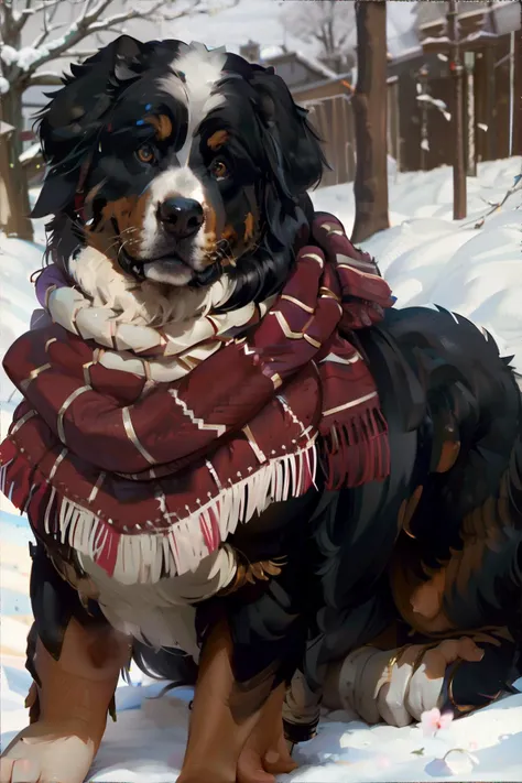 <lora:bernesemtndog:1.0>, bernese mountain dog wearing a knit scarf || masterpiece, perfect quality, sharp focus, shallow depth of field, 8k