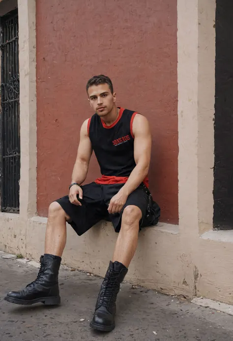 side view, <lora:Theo_James_SDXL:0.8> looking at viewer, th3o a man, wearing fitted black and red sleeveless urban streetwear, shorts and leather boots, sitting on the ground, graffiti background, fashion editorial, confident expression