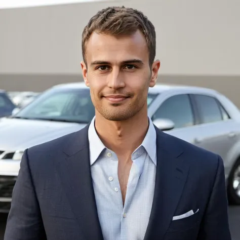 close-up photo of th3o a man, shaved, smiling, parking lot, dress shirt, pants, suit, work clothes, looking to viewer, cinematic lighting, detailed face, detailed eyes, masterpiece, high_res, perfect face, <lora:Theo_James_SDXL:.9>