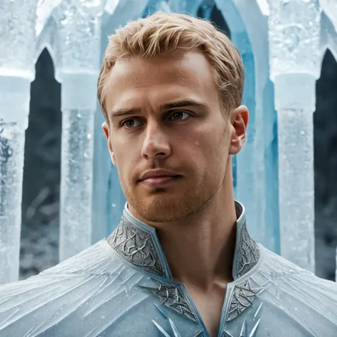 Hyperrealistic art close-up photo of th3o a man, blonde hair, an ice king, at a ice castle, <lora:Theo_James_SDXL:.9> . Extremely high-resolution details, photographic, realism pushed to extreme, fine texture, incredibly lifelike