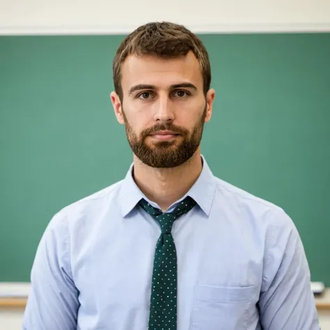 photo of th3o a man, beard, wearing a teacher outfit, at a school, board in background, <lora:Theo_James_SDXL:.9>