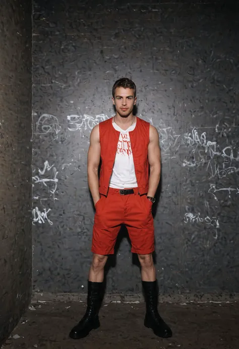 <lora:Theo_James_SDXL:0.8> th3o a man, wearing fitted red and white sleeveless urban streetwear, shorts and leather boots, graffiti background, fashion editorial, smirk, dynamic pose, Gotham-City, Arkham, Wayne Manor