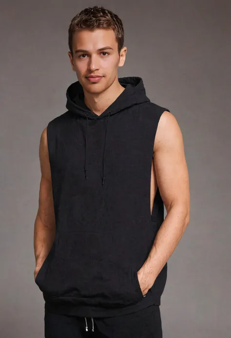 <lora:Theo_James_SDXL:0.8> th3o a man, wearing sleeveless fitted urban streetwear, hoodie, blank simple background, fashion editorial, smirk, GQ-Magazine <lora:StringerSDXL_v1:1> extreme low-cut dropped side holes