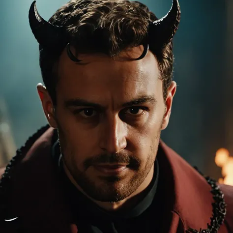 cinematic film still close-up photo of th3o a man as a devil, at hell, evil, devil, chaos, looking at viewer, <lora:Theo_James_SDXL:.9> . shallow depth of field, vignette, highly detailed, high budget, bokeh, cinemascope, moody, epic, gorgeous, film grain, grainy