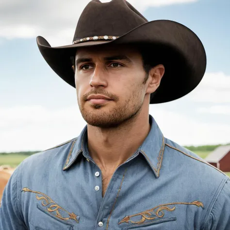 Hyperrealistic art close-up photo of th3o a man, wearing a cowboy outfit, at a farm, <lora:Theo_James_SDXL:.9> . Extremely high-resolution details, photographic, realism pushed to extreme, fine texture, incredibly lifelike
