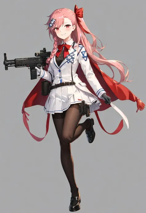 best quality, masterpiece, highres, solo, {negev_girlsfrontline:0.90}, 1girl, black_pantyhose, holding_gun, looking_at_viewer, machine_gun, smile, star_of_david, white_gloves, white_skirt, blush, jacket, pleated_skirt, simple_background, white_background, red_ribbon, ammunition_belt, full_body, leg_ribbon, shoes