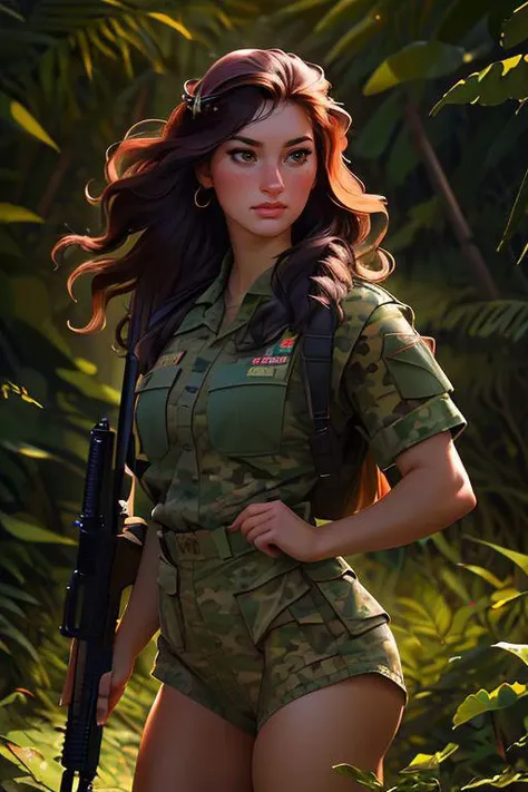 DEN_marie_temara,
(a (soldier:1.1) in the jungle on manoeuvrers wearing (army fatigues:1.2) and holding a rifle, (camouflage:1.2), military, uniform, military, camouflage uniform:1.2),
bokeh, f1.4, 40mm, photorealistic, raw, 8k, textured skin, skin pores, intricate details <lora:epi_noiseoffset2:1>, epiCRealism