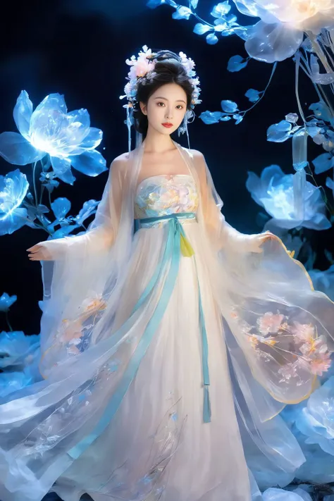 <lora:glowing:0.8>,1girl,(transparent dress:1.3),(glowing fluorescent effect),(surrounded by ice flowers:1.2),hanfu,, (masterpiece, best quality, high quality, highres, ultra-detailed),