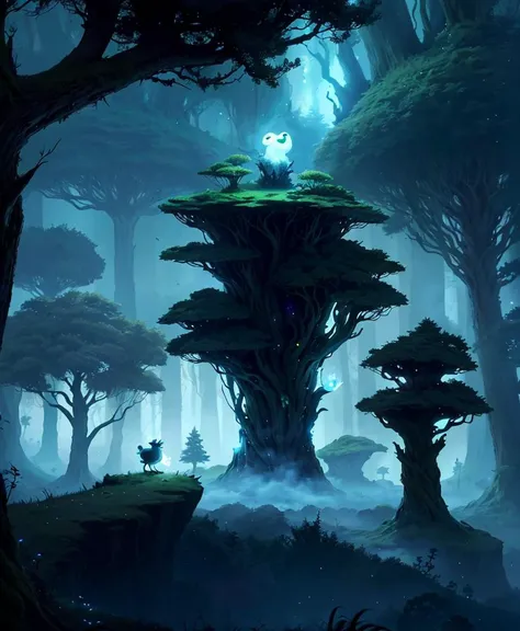 smoke, Ori, forest with frog face rock and tree on night, (Ori and the Blind Forest), (Ori and the Will of the Wisps), 2D game, digital art, realistic proportions, sharp focus, (HDR), (8k), (gigapixel), ((masterpiece))