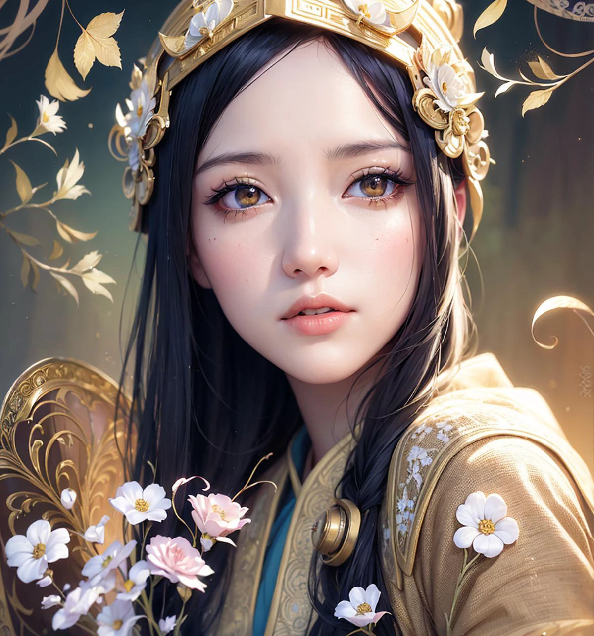 (Energetic:1.3) (masterpiece, top quality, best quality, official art, beautiful and aesthetic:1.2), extreme detailed,(fractal art:1.3),colorful,highest detailed, A woman in a golden dressï¼There is a golden flower stuck in his hair, By Li Song, Guviz-style artwork, 8K high quality detailed art, IG model | Art germ, by Yang J, detailed portrait of an anime girl, Palace ï¼ A girl in Hanfu, intricate wlop, Beautiful character painting, beautiful fantasy art portrait,(Art Nouveau:1.3),(Art Deco:1.3),(Baroque Art:1.3),((retrofuturism)),(science fiction),dystopian Art,ultrafine,detailed,future tech,by Clarence Holbrook CArter,by Ed Emshwiller,CGSociety,ArtStation contest winner,trending on ArtStation,DeviantArt contest winner,Fallout