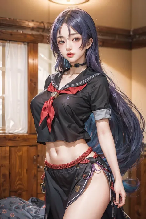 masterpiece, best quality, highres, hmmr1, minamoto no raikou (fate), Purple hair,low-tied long hair, school uniform, black serafuku, black shirt, crop top, collarbone, neckerchief, midriff, long skirt, choker, side slit, sailor collar, <lora:minamoto_no_raikou_v1:0.7>, cowboy shot, standing, beach