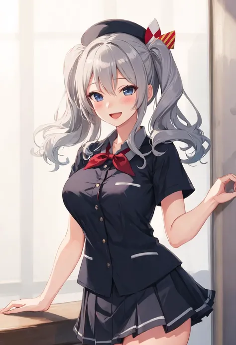 best quality, masterpiece, highres, solo, {kashima_kantaicollection:0.90}, 1girl, employee_uniform, skirt, smile, open_mouth, blush