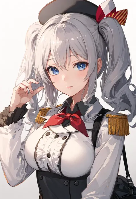  kashima_kantaicollection, twintails, grey_hair, wavy_hair, blue_eyes, breasts, blush, long_hair, smile, hat, large_breasts, beret,military_uniform, uniform, neckerchief, red_neckerchief,  buttons nice hands, perfect hands, hyper quality, extremely detailed CG 8k wallpaper, detailed and intricate,open_mouth,(Close-up face)