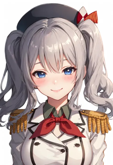 best quality, masterpiece, highres, solo, {kashima_kantaicollection:0.90}, 1girl, epaulettes, looking_at_viewer, military_uniform, smile, white_gloves, blush, upper_body, red_neckerchief, simple_background, white_background