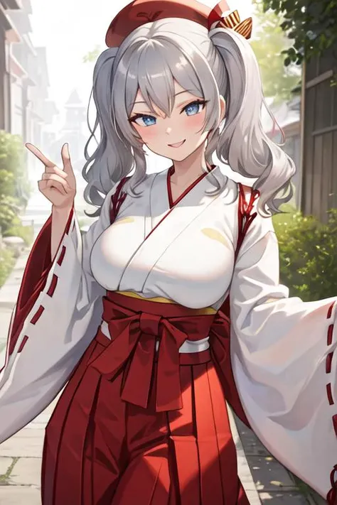 best quality, masterpiece, highres, solo, {white kimono:1.35}, {red hakama:1.35}, {wide sleeves:1.20}, {kashima_kantaicollection:1.15}, twintails, grey_hair, wavy_hair, blue_eyes, breasts, blush, long_hair, smile, hat, large_breasts, beret