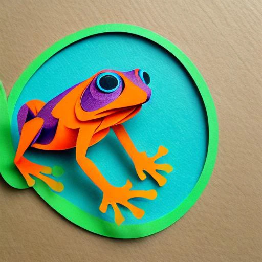 ((Papercut)) Poison dart frog ,bright and striking colors,  vibrant greens  and blues and oranges, shapes, intricate designs, delicate patterns, shadowbox frame, silhouette, kirigami, scherenschnitte