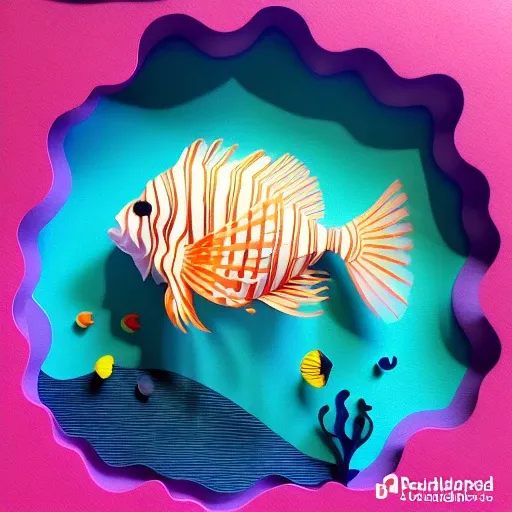 ((Papercut)) underwater scene, Common Lionfish, 3D graphics with simplistic polygon shapes, intricate designs, delicate patterns, shadowbox frame, silhouette, kirigami, scherenschnitte.
