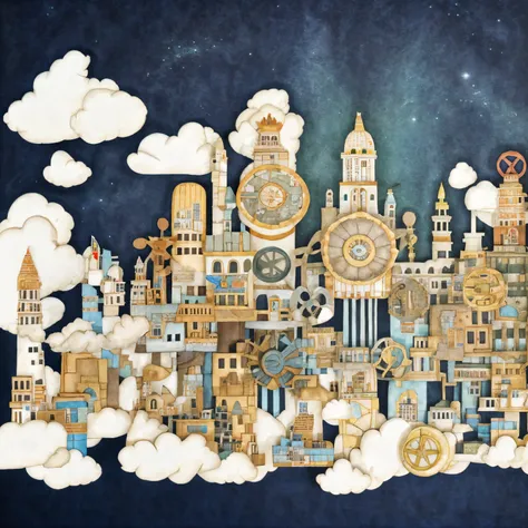 kuusoogai, papercut, a city in the clouds with a clock tower, flying machine, <lora:kuusoogai:1>, dull colors, (masterpiece, top quality, best quality), blue sky