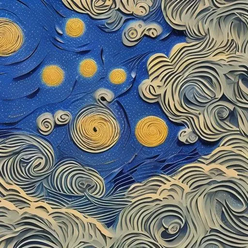 ((Papercut)) ,starry sky,van gogh, shapes, intricate designs, delicate patterns, shadowbox frame, silhouette, kirigami, scherenschnitte,