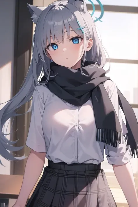 bluearchiveshiroko, <lyco:shiroko-lyco-nochekaiser:1>,
shiroko, animal ears, blue eyes, grey hair, hair ornament, hairpin, halo, medium hair, wolf ears,
BREAK checkered clothes, checkered skirt, school uniform, skirt, scarf,
BREAK looking at viewer,
BREAK indoors, classroom,
BREAK <lyco:GoodHands-beta2:1>, (masterpiece:1.2), best quality, high resolution, unity 8k wallpaper, (illustration:0.8), (beautiful detailed eyes:1.6), extremely detailed face, perfect lighting, extremely detailed CG, (perfect hands, perfect anatomy),